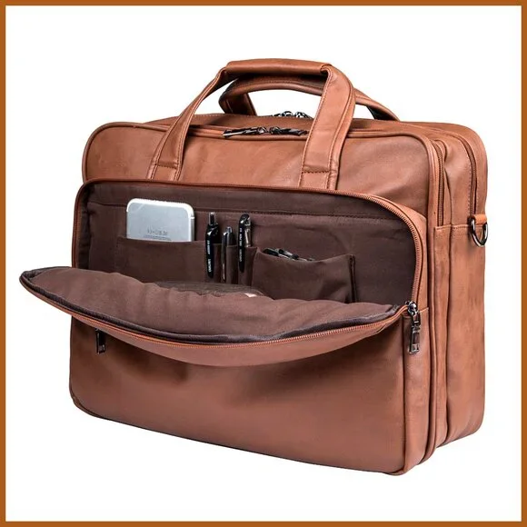 PU Leather Messenger Briefcase, 17.3 Inch Laptop Bag with Multi-Compartment